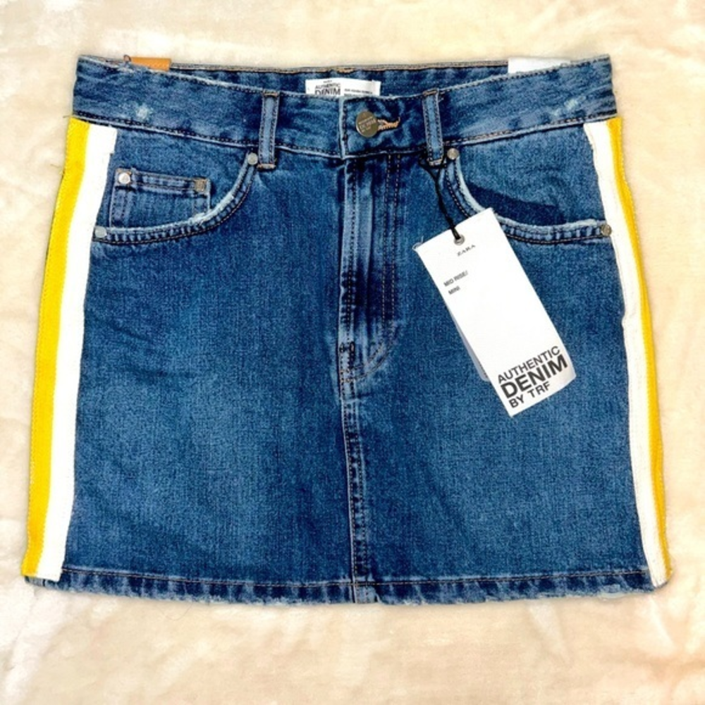 NWT ZARA Trafaluc jean mini skirt, white/yellow side‎ stripes - sz XSMALL